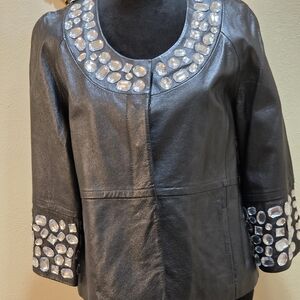 Black Leathet Jacket With Crystal Embellishment